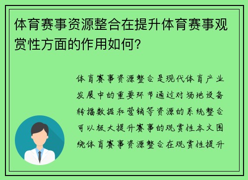 体育赛事资源整合在提升体育赛事观赏性方面的作用如何？